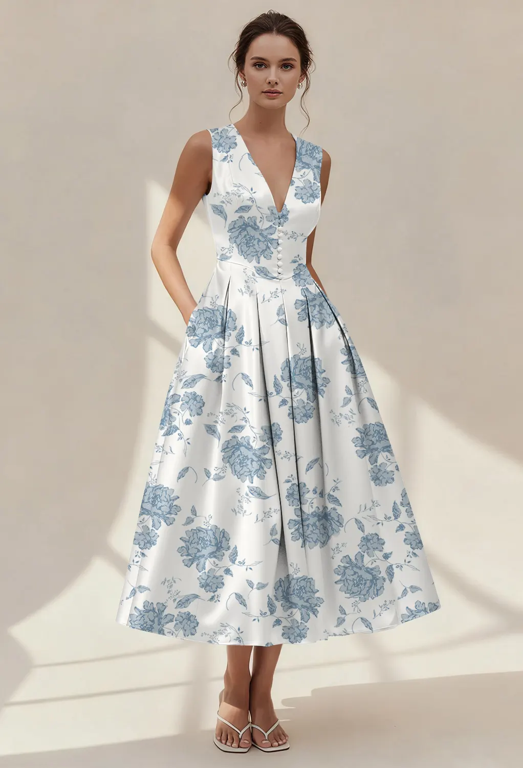Dusty Blue Peonies, Blue Floral, Tea Length Bridesmaid Dresses